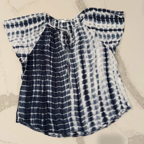 Angashion Tie Front V Neck Blue Tie Dye Short Sleeve Top Women’s Large Summer - Picture 1 of 5